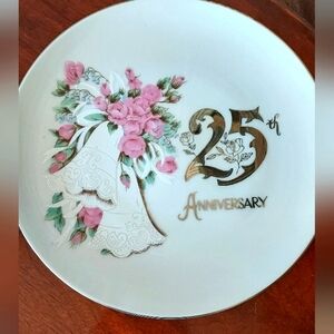 Vintage Norcrest Fine China 25th Anniversary Plate White Silver Pink Roses Bells
